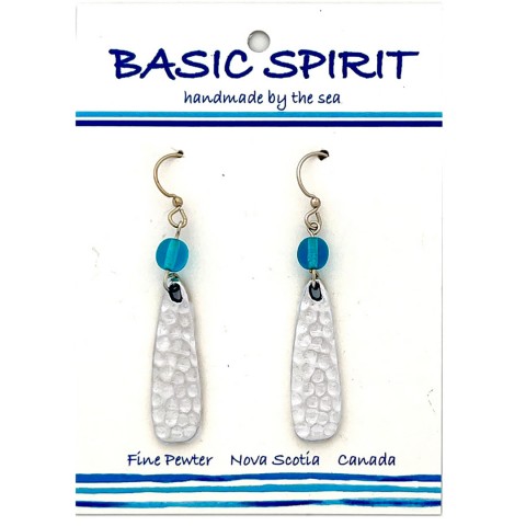 Long Hammered Earrings with Blue Beads
