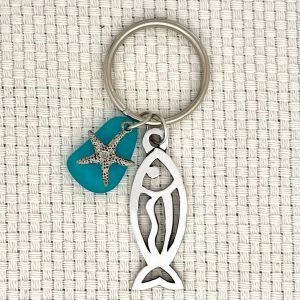 Open Fish Seaglass w/Turq Keychain
